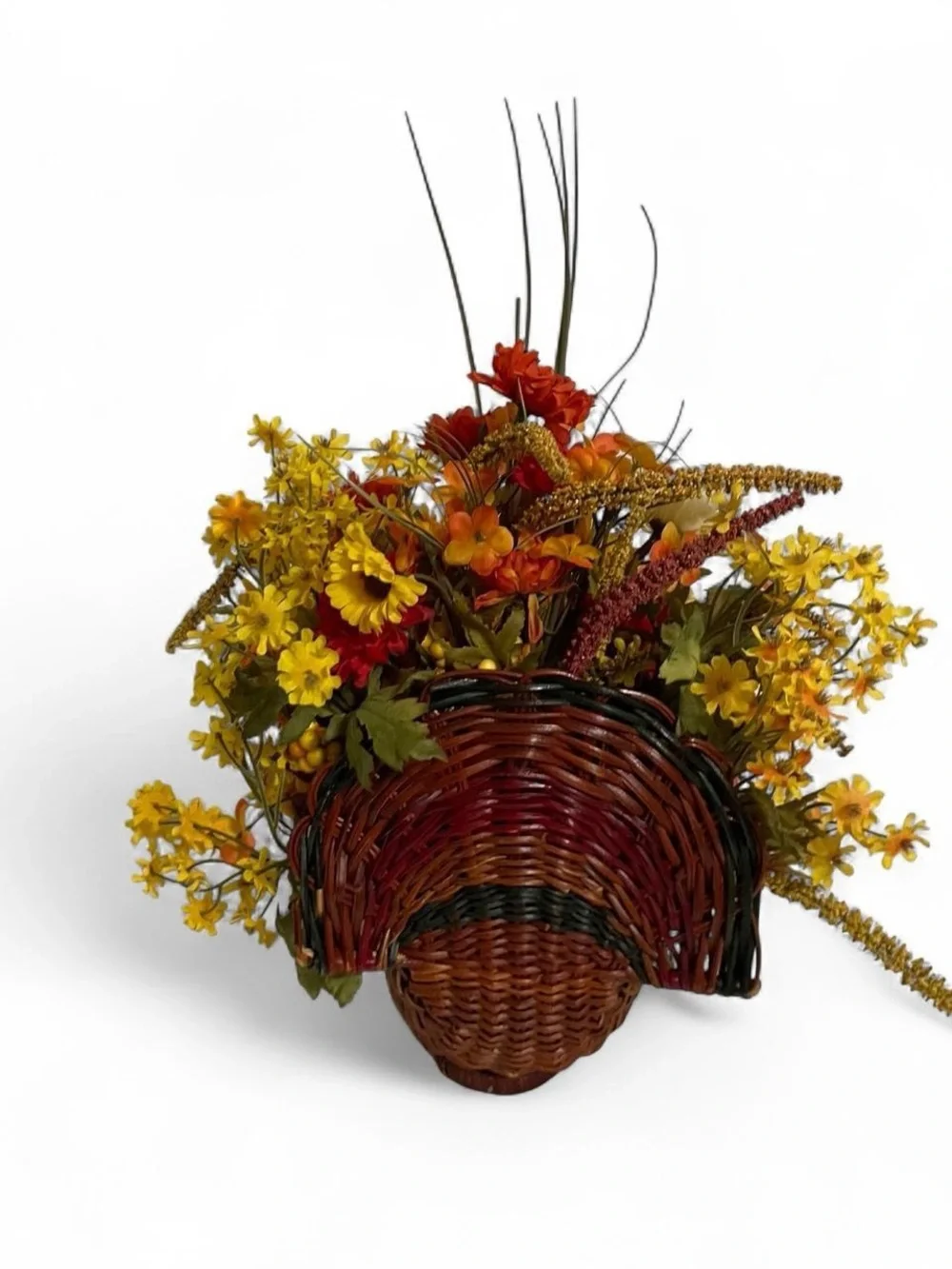 Vintage Turkey Wicker Basket Floral Flower Arrangement Fall Yellow Orange Decor